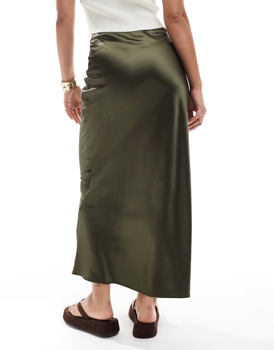 ASOS New Look satin bias midi skirt in khaki - 4