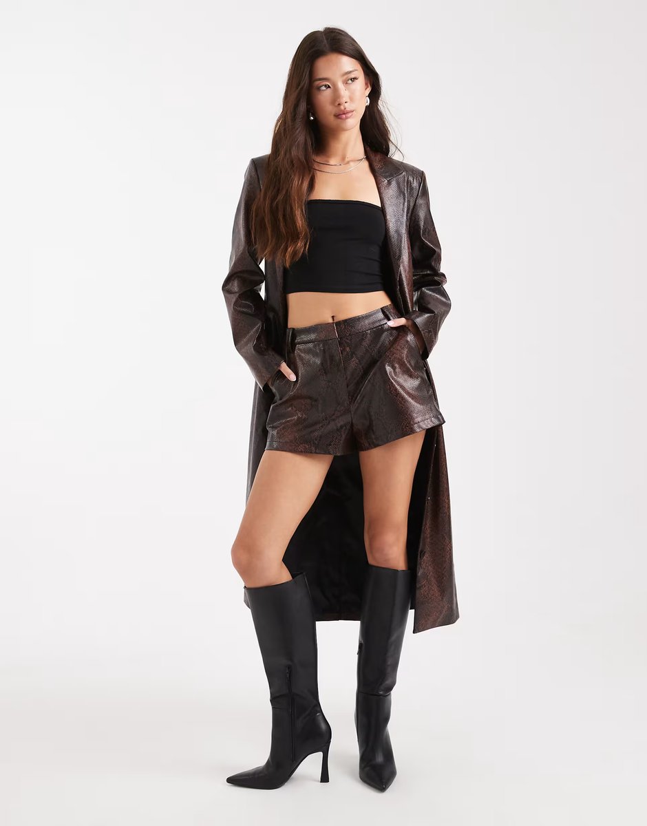 ASOS ASOS DESIGN tailored faux leather micro shorts co-ord in brown snake - 4