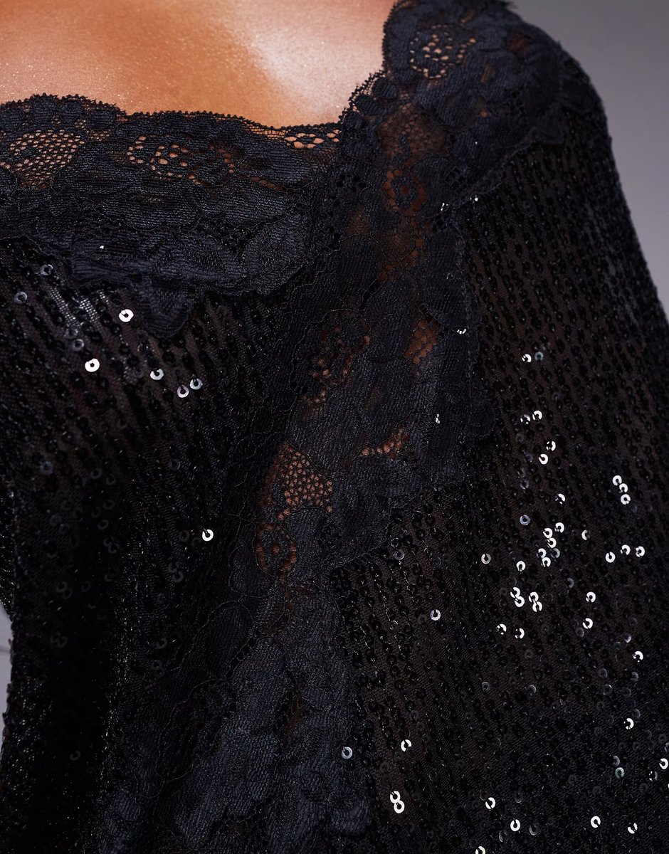 ASOS ASOS DESIGN asymmetric sequin cami with lace trim in black - 3