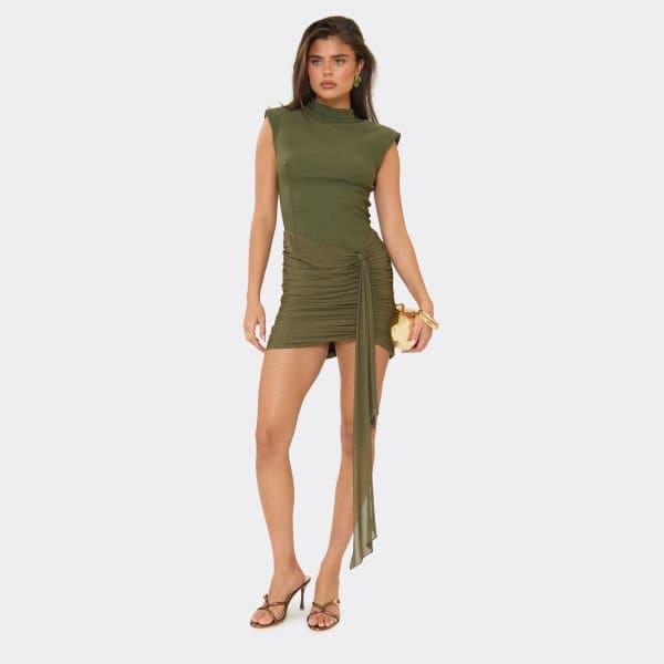 EGO High Neck Drape Detail Structured Mini Dress In Khaki, Women's Size UK 6