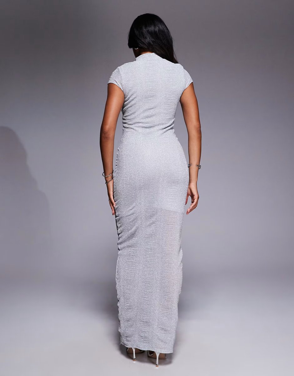 ASOS ASOS DESIGN ribbed glitter cap sleeve midi bodycon dress in silver - 4