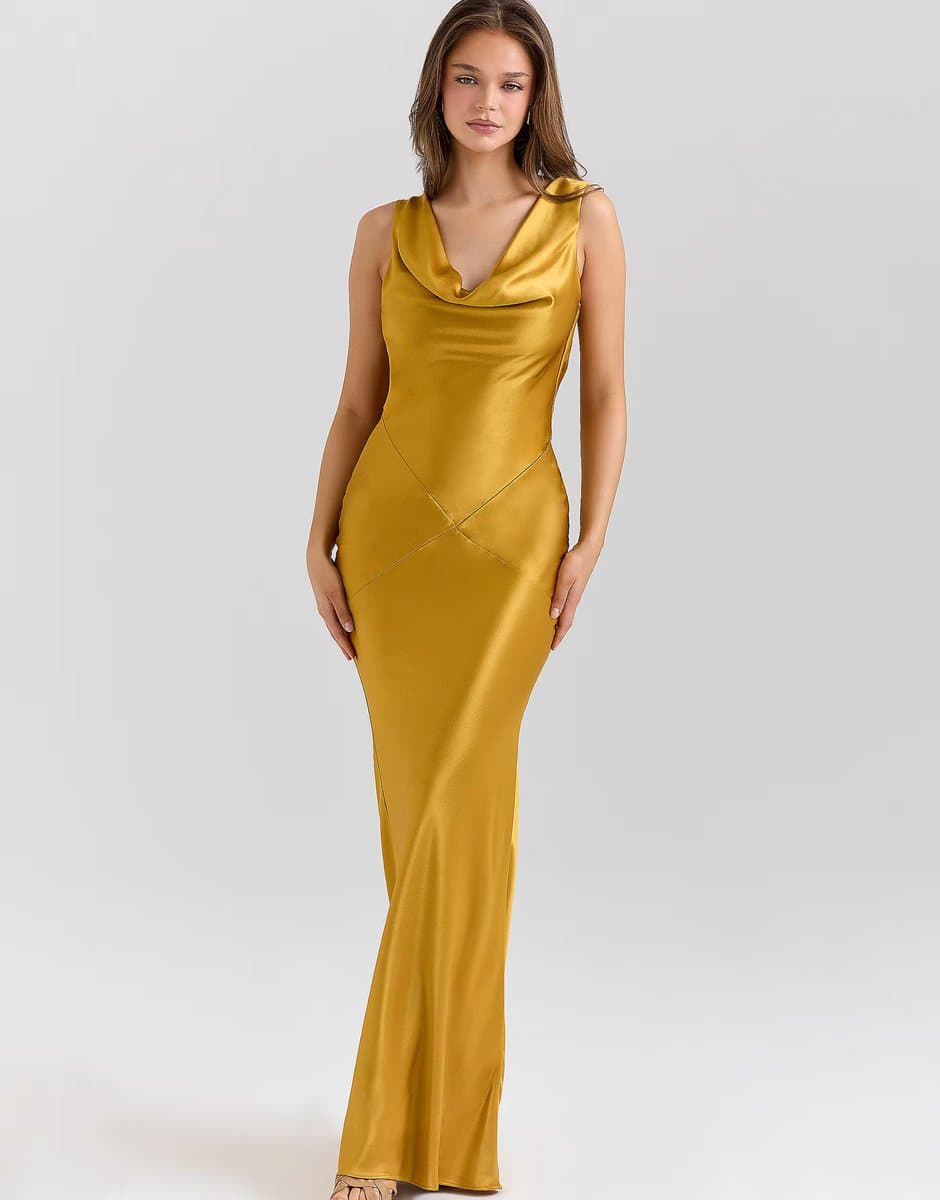 ASOS House of CB Safaira amber satin draped cowl neck maxi dress in amber