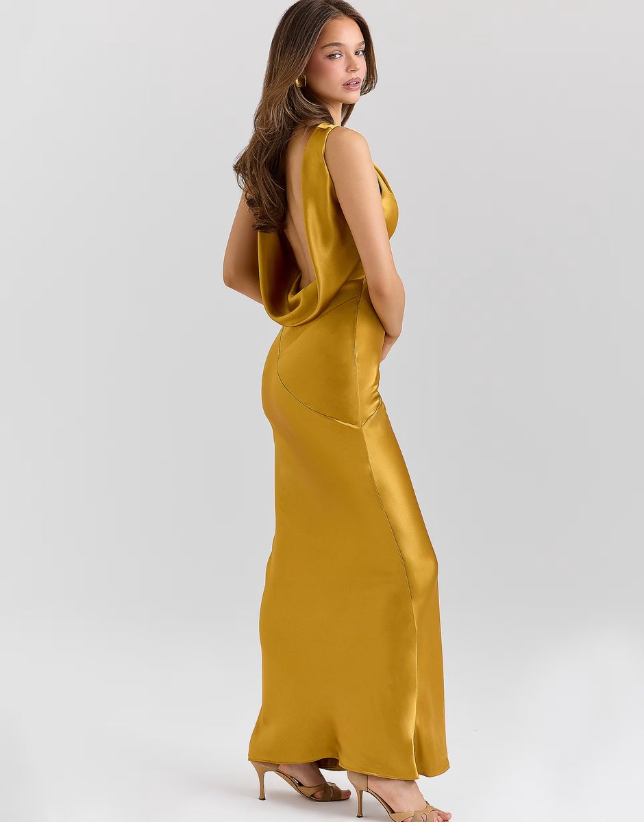 ASOS House of CB Safaira amber satin draped cowl neck maxi dress in amber - 2