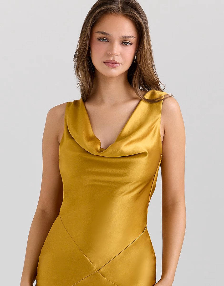 ASOS House of CB Safaira amber satin draped cowl neck maxi dress in amber - 4