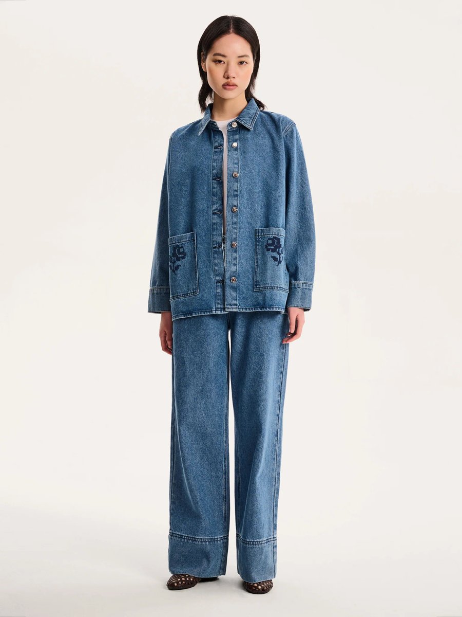 OMNES Magnus Embroidered Jacket in Mid Wash - 2