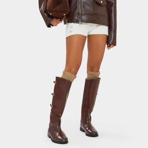 EGO Mona Buckle Detail Knee High Boot In Brown Faux Leather, Women's Size UK 3