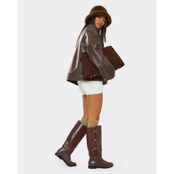 EGO Mona Buckle Detail Knee High Boot In Brown Faux Leather, Women's Size UK 3 - 2