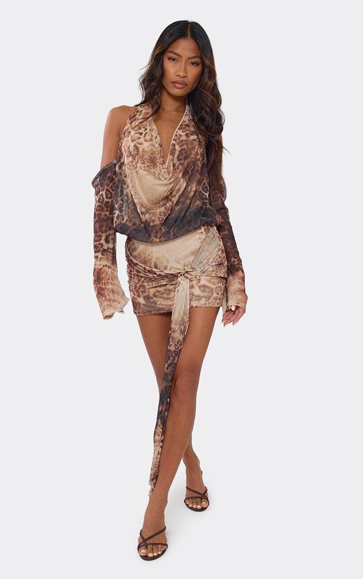 EGO Cowl Neck Drape Trim Detail Mini Dress In Brown Animal Print, Women's Size UK 6 - 2