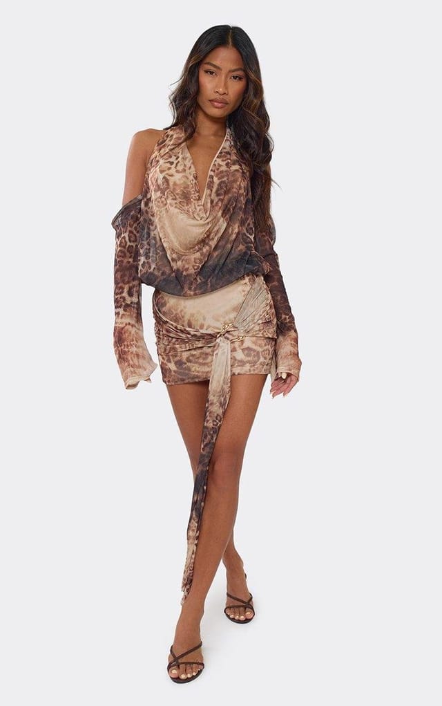 EGO Cowl Neck Drape Trim Detail Mini Dress In Brown Animal Print, Women's Size UK 6 - 2