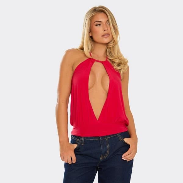 EGO Plunge Halterneck Cut Out Top In Red Slinky, Women's Size UK 10