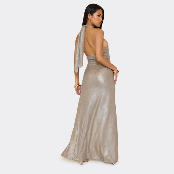 EGO Crossover Neckline Split Leg Maxi Dress In Bronze Metallic, Women's Size UK 6 - 2
