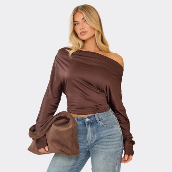 EGO EGO Long Sleeve Slash Neck Top in Chocolate Brown