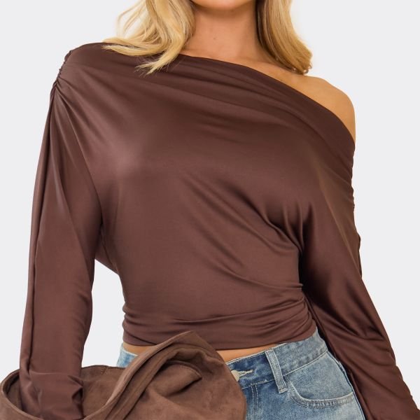 EGO Long Sleeve Slash Neck Top In Chocolate Brown, Women's Size UK Small S - 2
