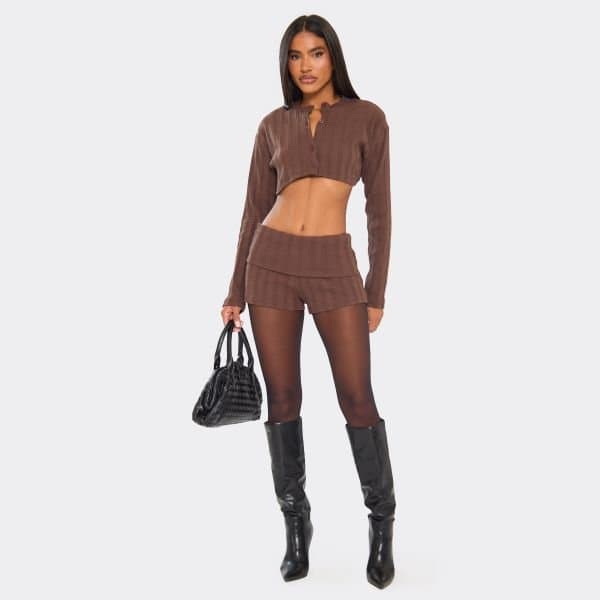 EGO EGO Fold Over Hot Pants in Brown Ribbed