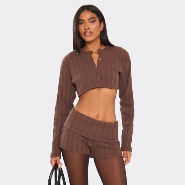 EGO Fold Over Hot Pants In Brown Ribbed, Women's Size UK 6 - 2