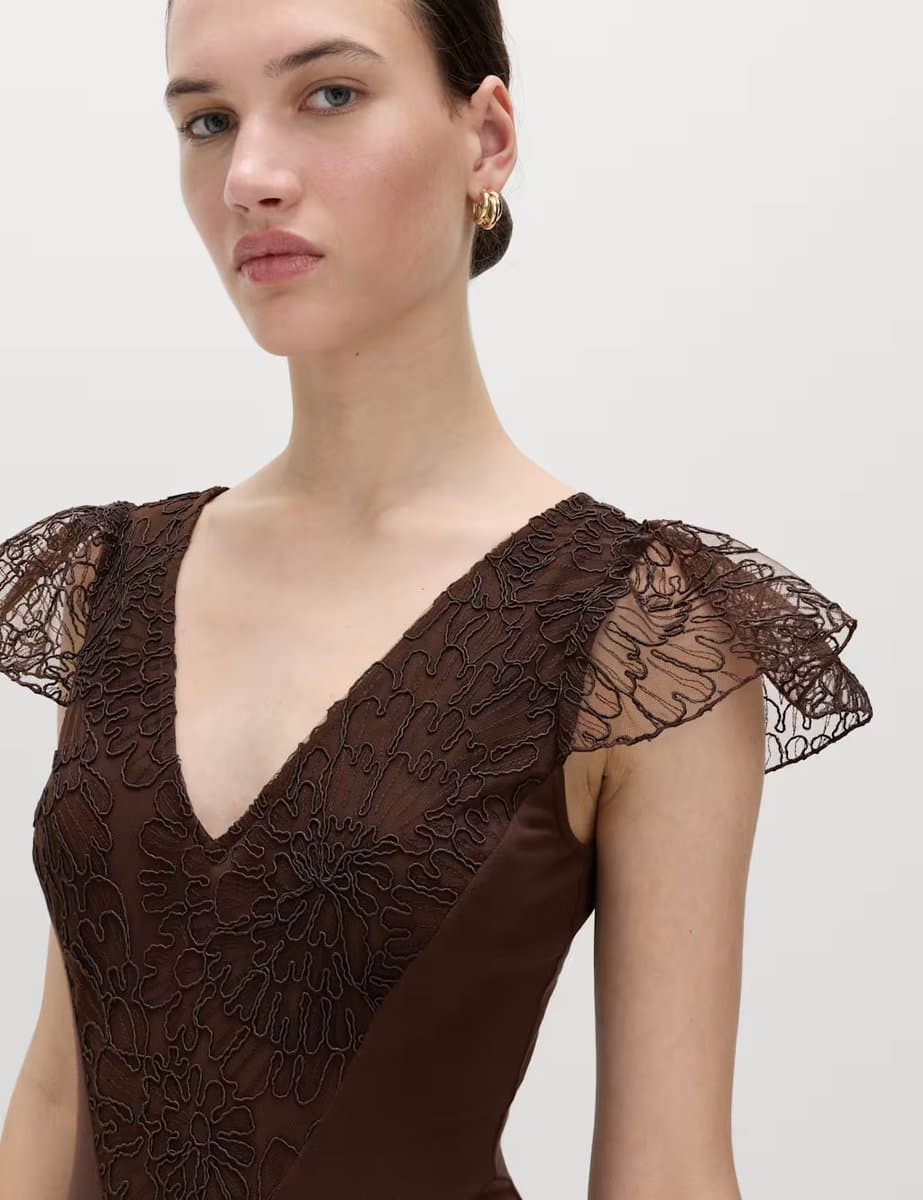 Marks & Spencer M&S Chocolate V-Neck Lace Panel Midi Dress