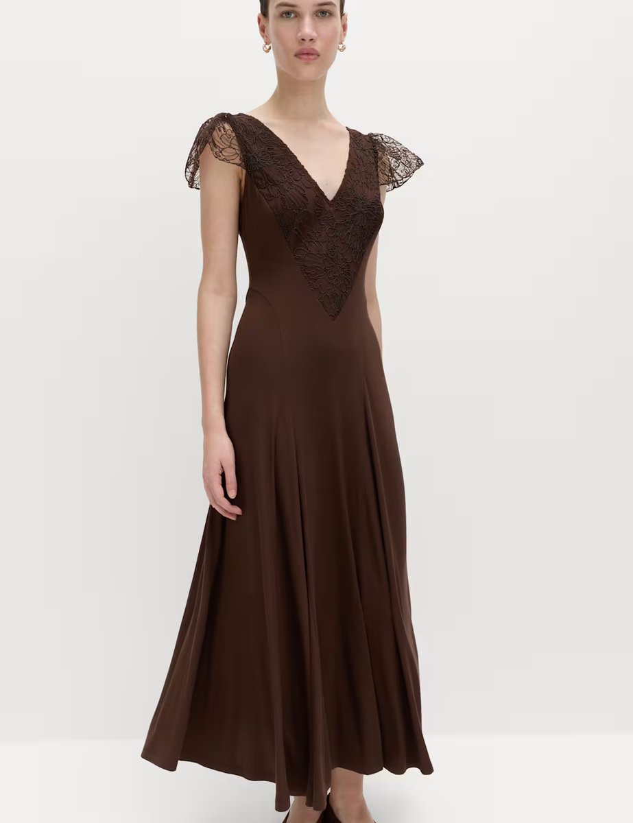 Marks & Spencer M&S Jersey V-Neck Lace Panel Midaxi Column Dress Chocolate - 2