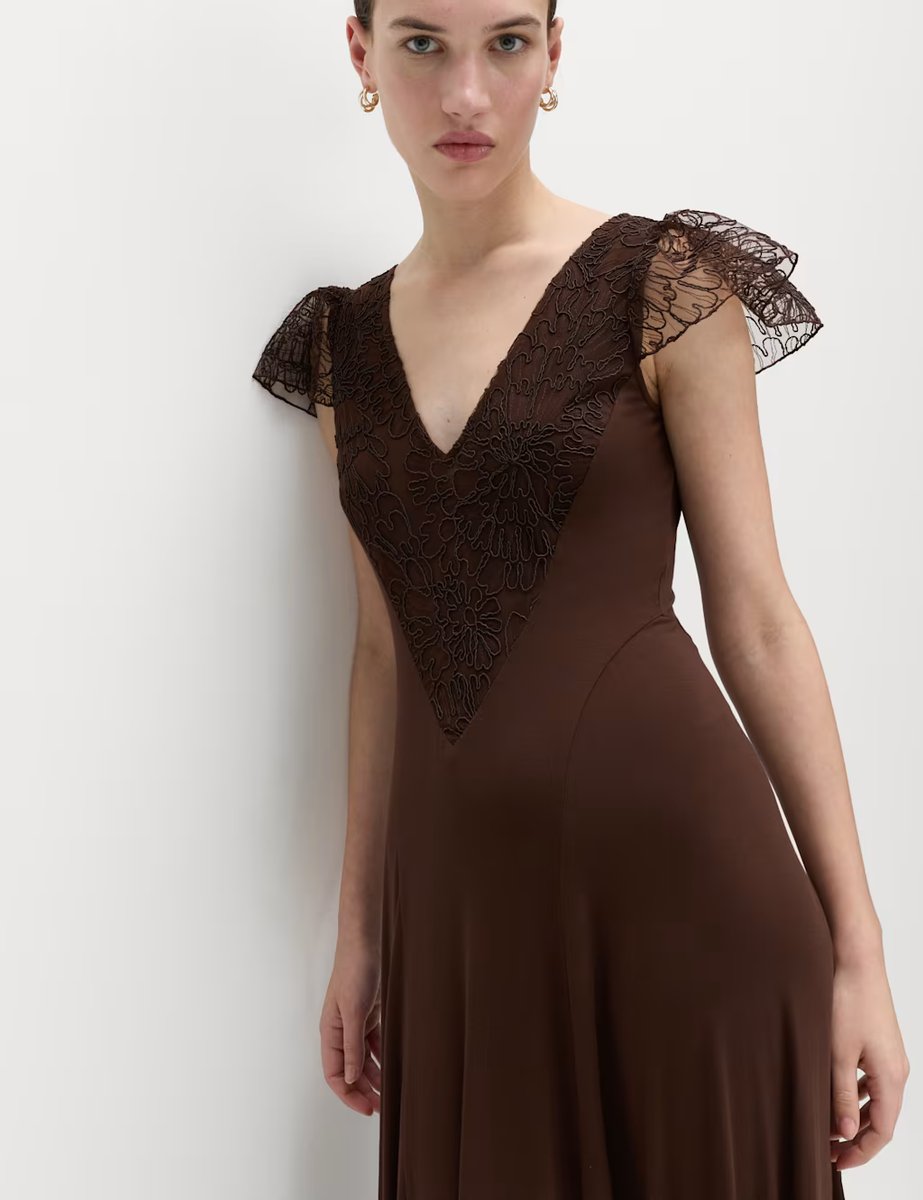 Marks & Spencer M&S Jersey V-Neck Lace Panel Midaxi Column Dress Chocolate - 3