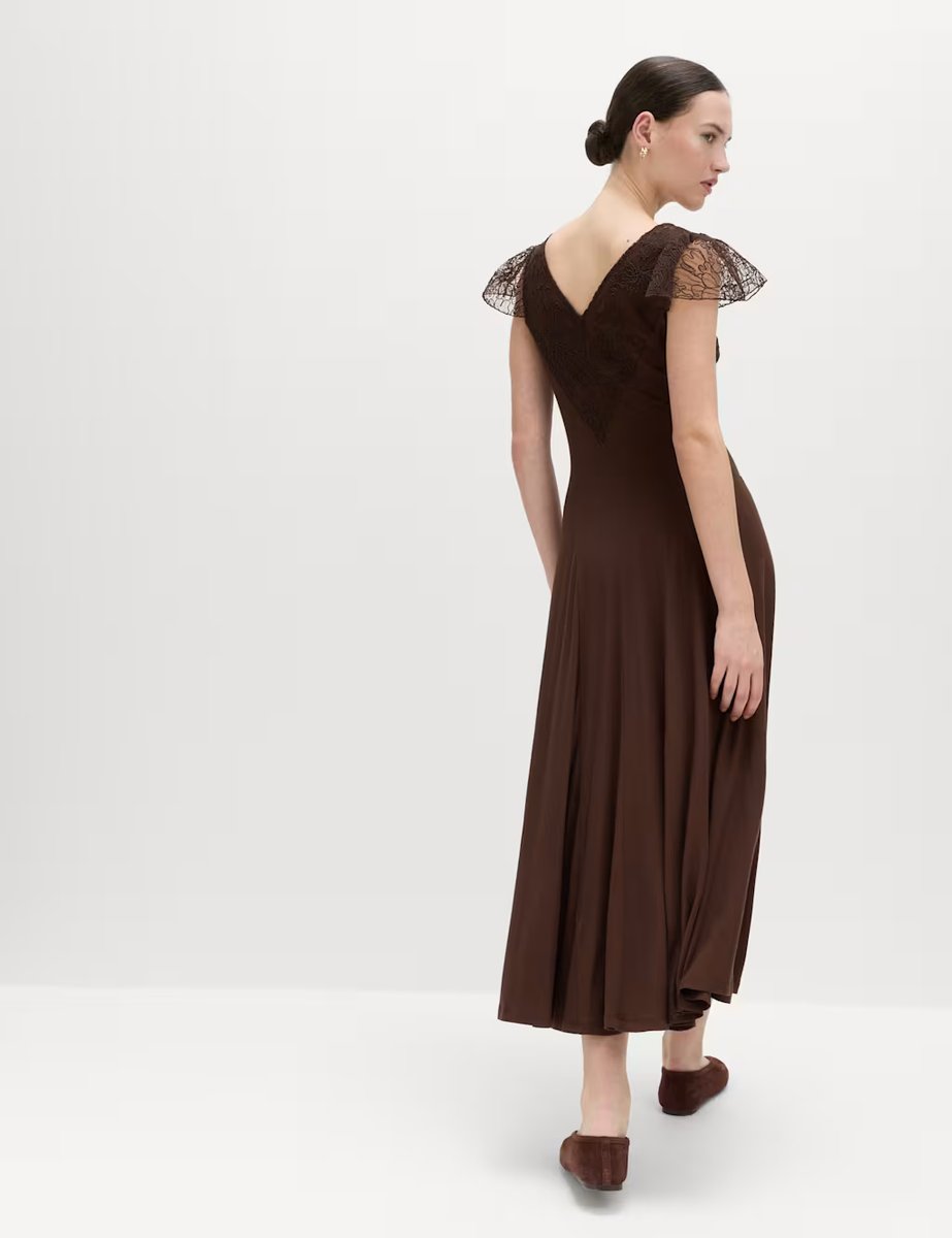 Marks & Spencer M&S Jersey V-Neck Lace Panel Midaxi Column Dress Chocolate - 4