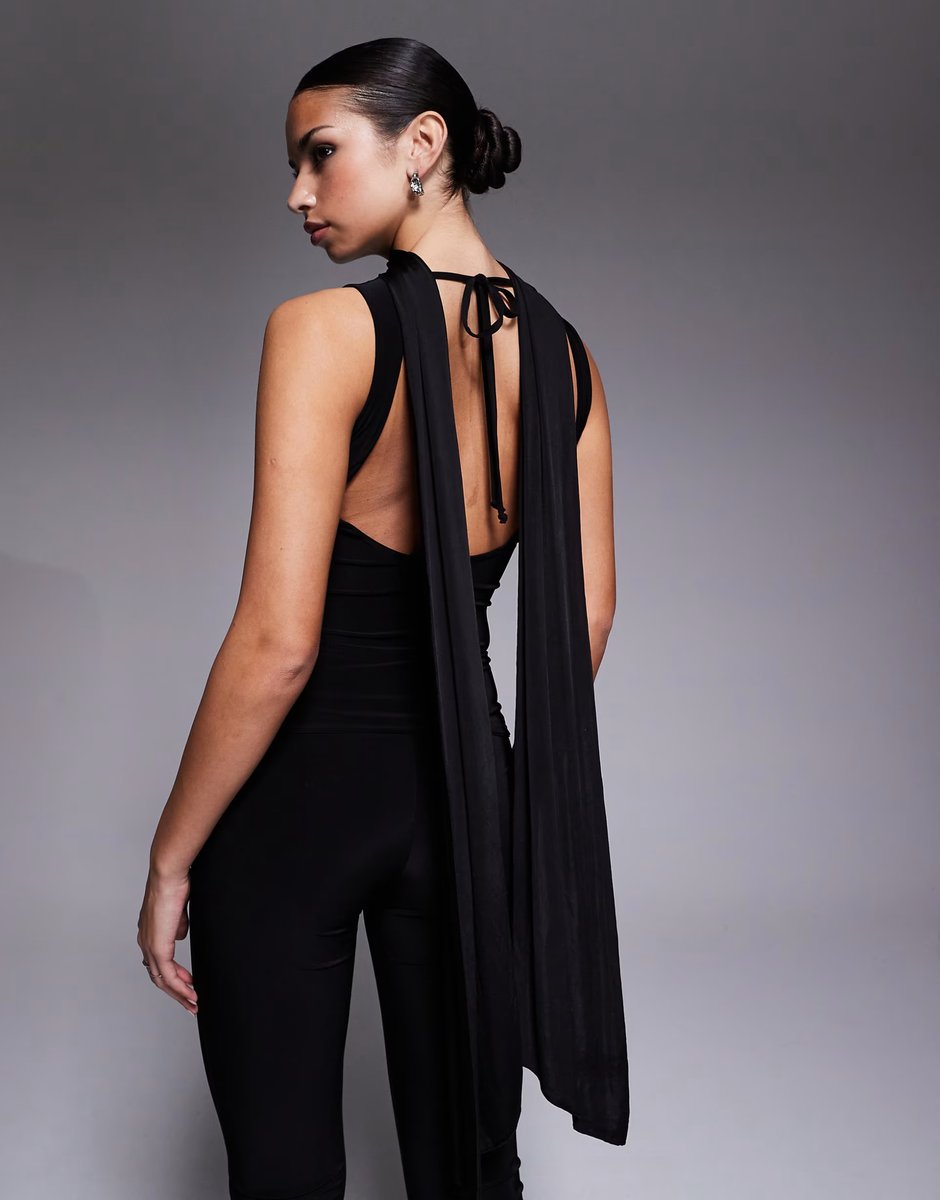 ASOS Fashionkilla double sculpted slinky sequin flower applique scarf detail low back top co-ord in black - 3