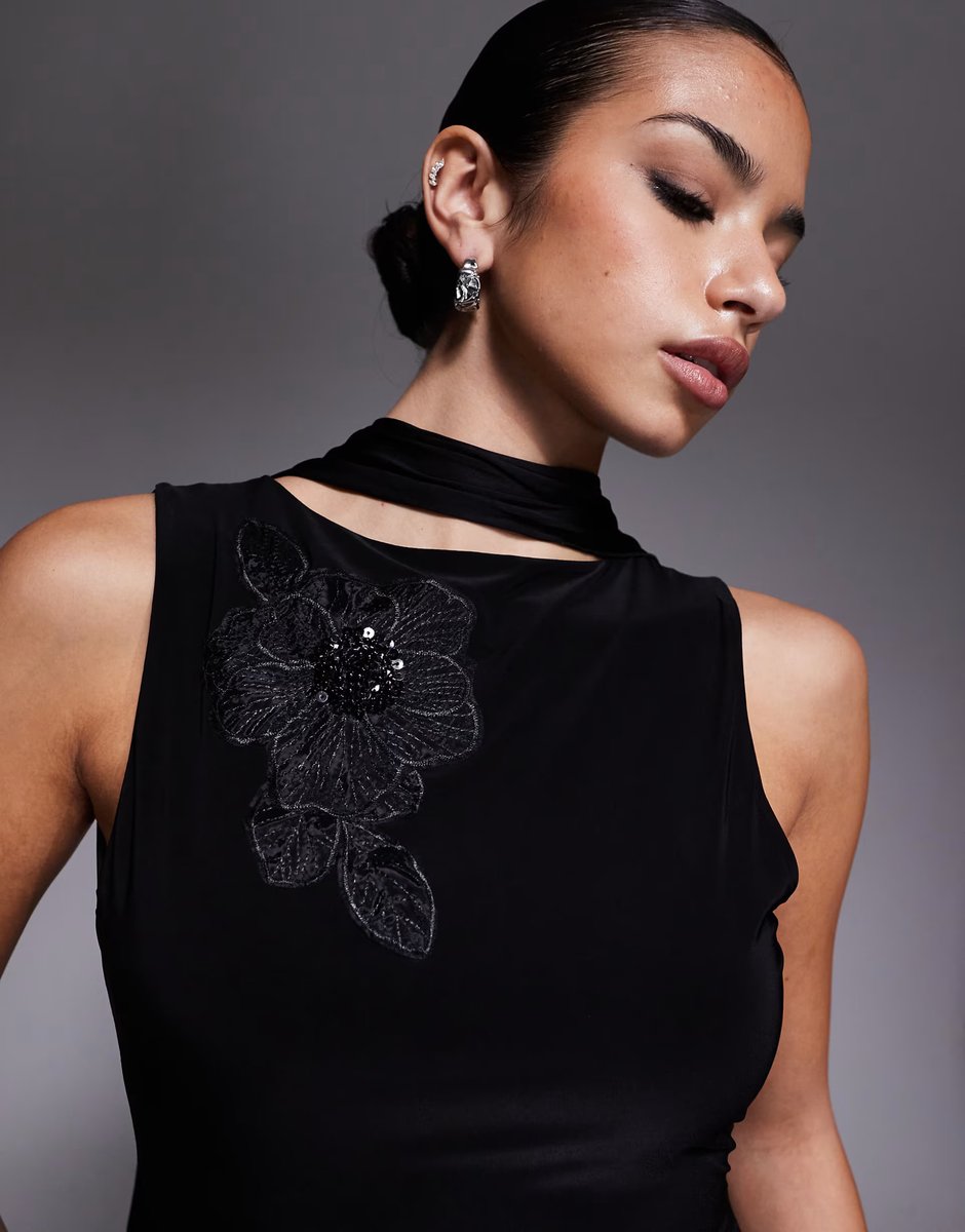 ASOS Fashionkilla double sculpted slinky sequin flower applique scarf detail low back top co-ord in black - 4