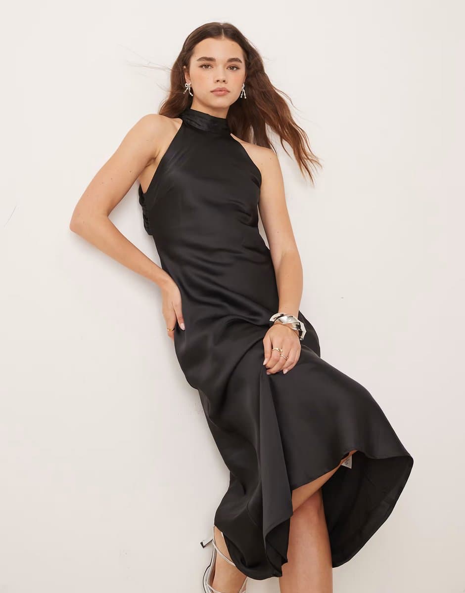 ASOS OMNES Seychelles Satin Back Detail Dress in Black
