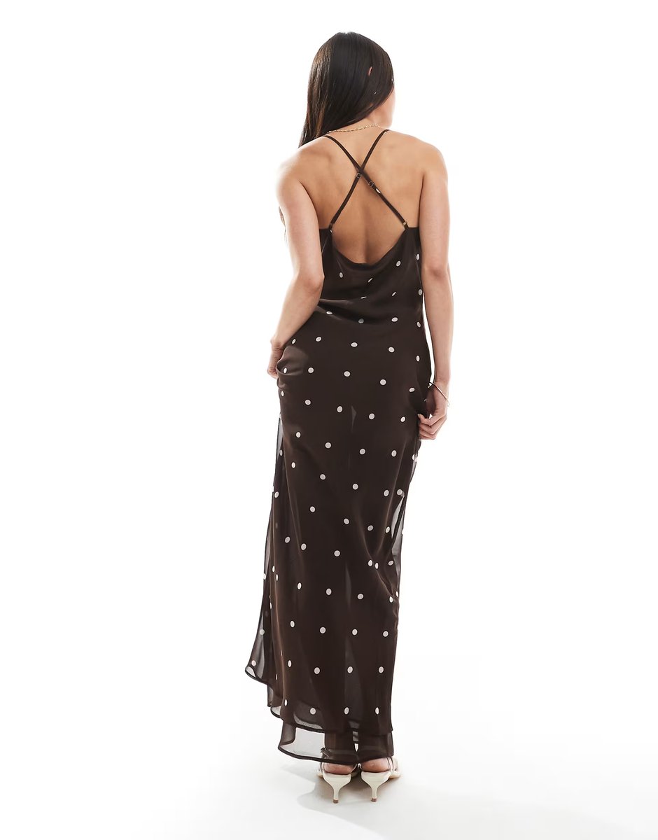 ASOS ASOS DESIGN chiffon cowl neck maxi slip dress in chocolate polka dot - 3