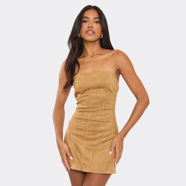 EGO Bandeau Seam Detail Mini Dress In Tan Faux Suede, Women's Size UK Large L - 1