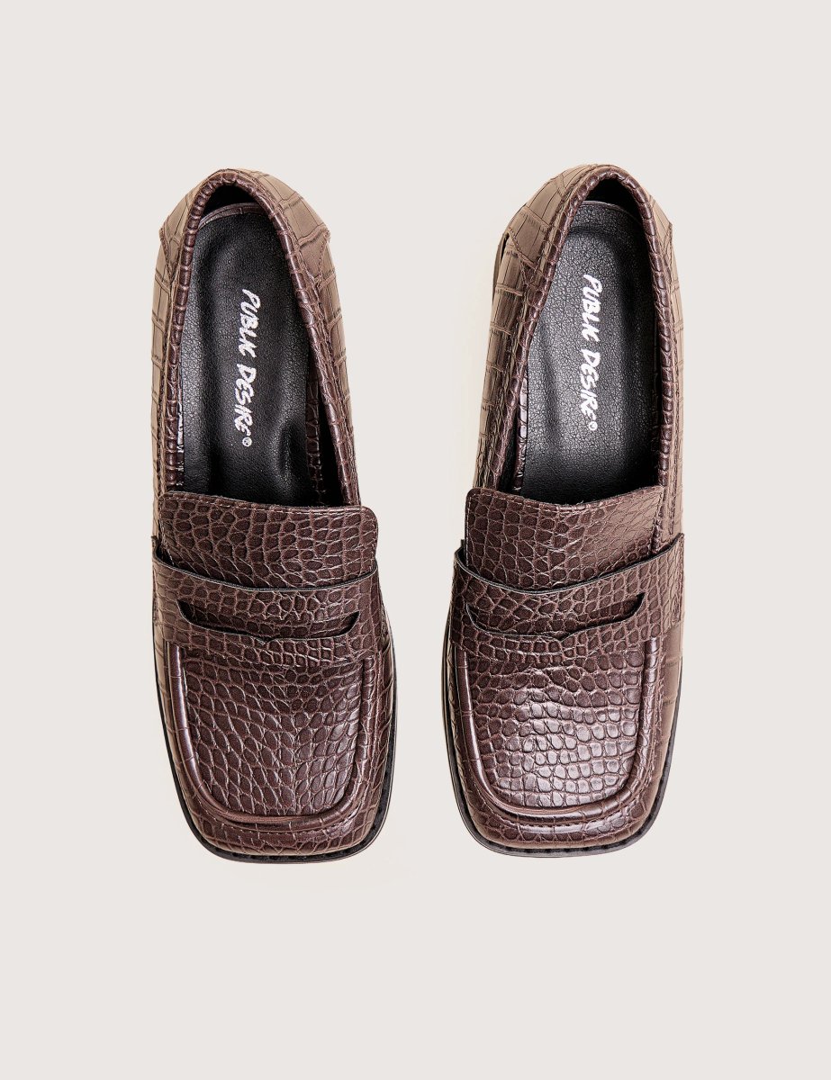 Public Desire Decaf Brown Croc Square Toe Penny Loafer - 4