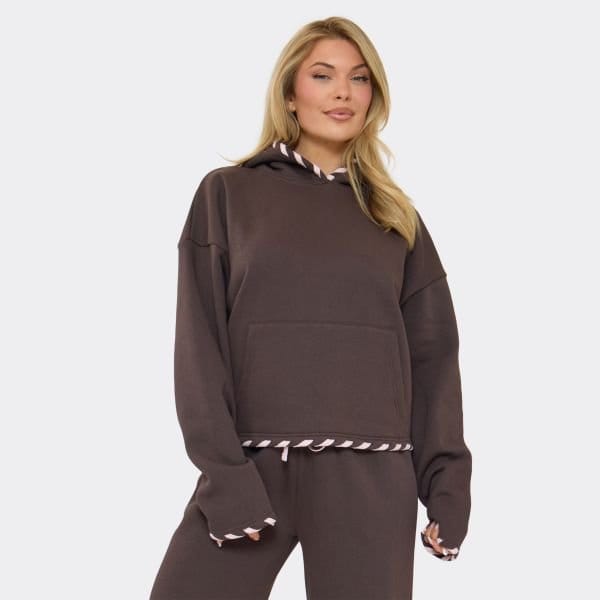 EGO Contrast Lace Up Oversized Boxy Hoodie In Chocolate Brown, Women's Size UK 6 - 1