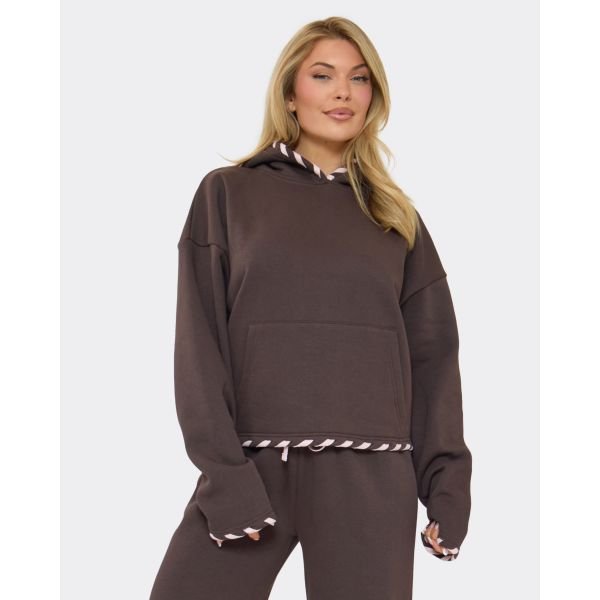 EGO Contrast Lace Up Oversized Boxy Hoodie In Chocolate Brown, Women's Size UK 6 - 2