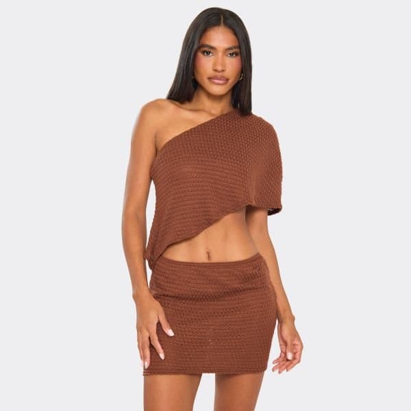 EGO One Shoulder Draped Cut Out Mini Dress In Brown Texture, Women's Size UK 6