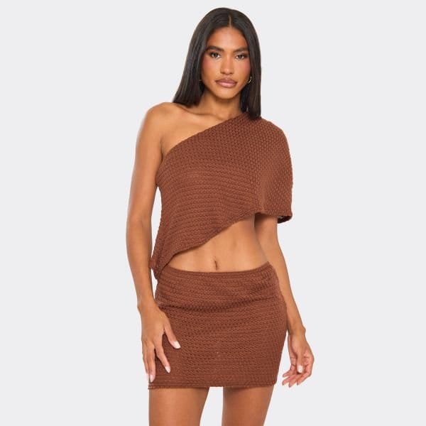 EGO One Shoulder Draped Cut Out Mini Dress In Brown Texture, Women's Size UK 6 - 1