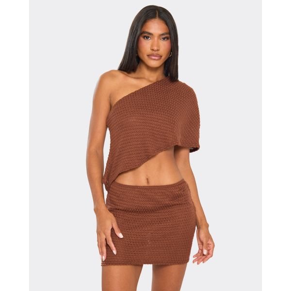 EGO One Shoulder Draped Cut Out Mini Dress In Brown Texture, Women's Size UK 6 - 2
