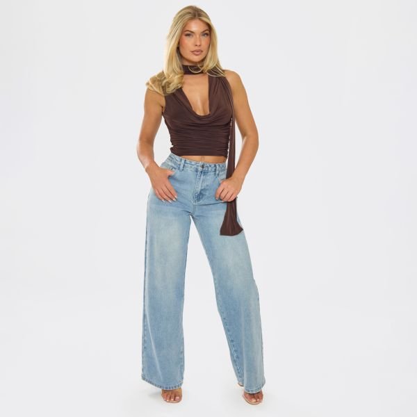 EGO Scarf Cowl Neck Detail Top In Brown Slinky, Women's Size UK 14 - 2