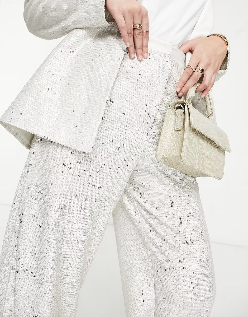 ASOS ASOS DESIGN premium sequin wide leg suit trouser in cream - 3