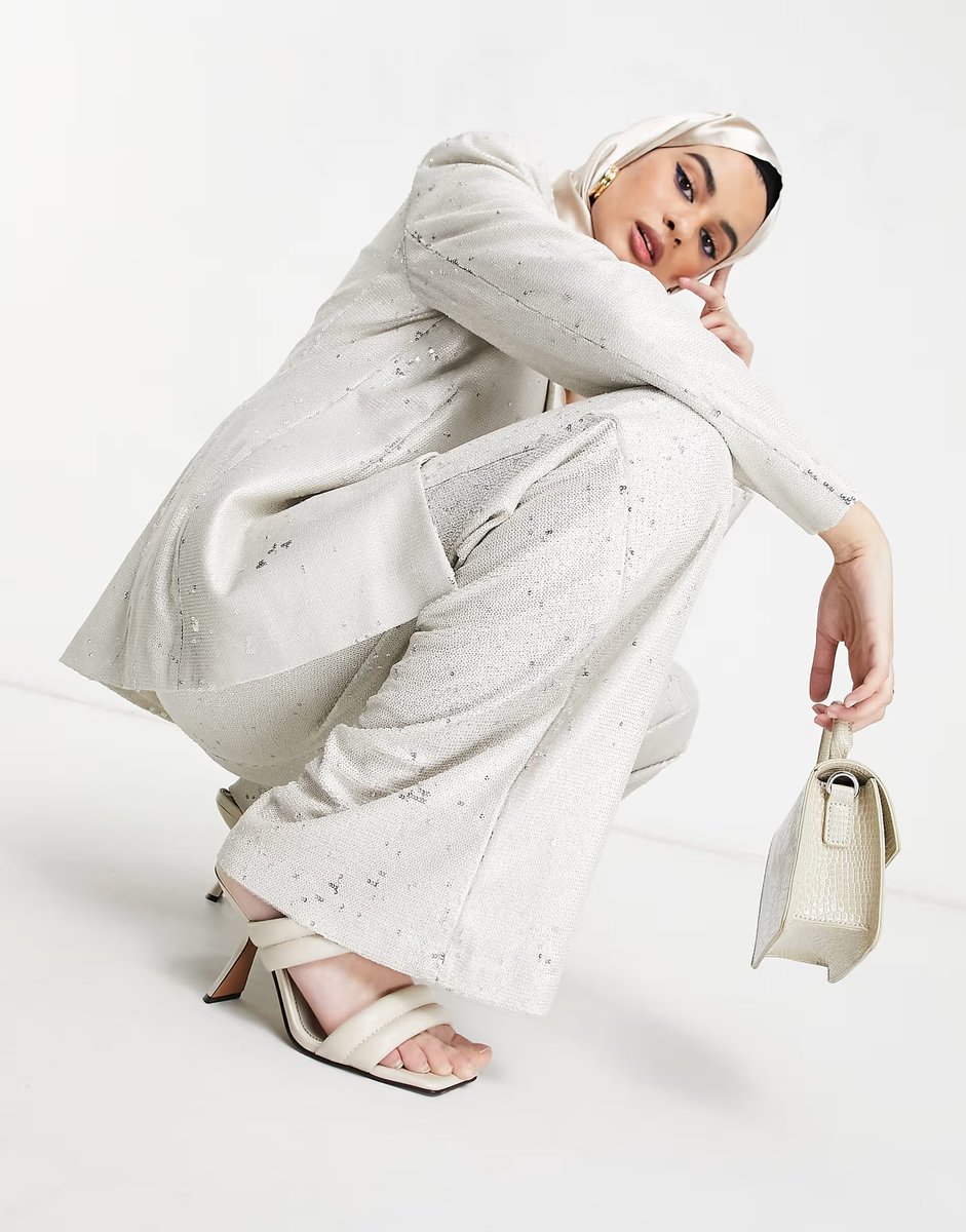 ASOS ASOS DESIGN premium sequin wide leg suit trouser in cream - 4