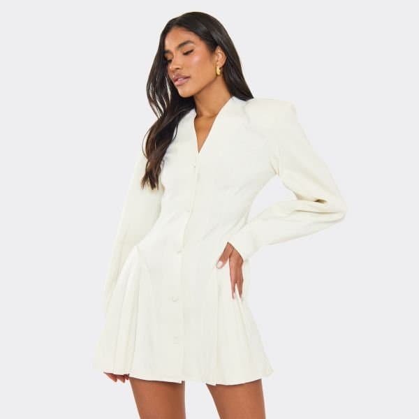 EGO Long Balloon Sleeve Pleated Hem Detail Blazer Dress In Cream, Women's Size UK 6