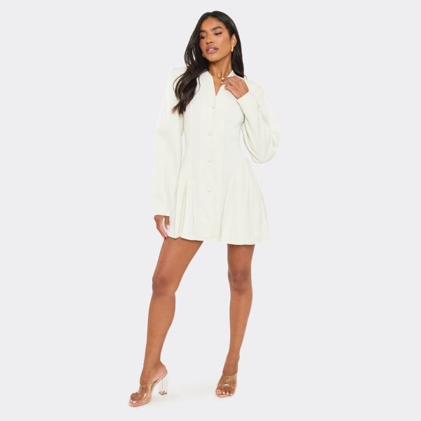 EGO Long Balloon Sleeve Pleated Hem Detail Blazer Dress In Cream, Women's Size UK 6 - 2