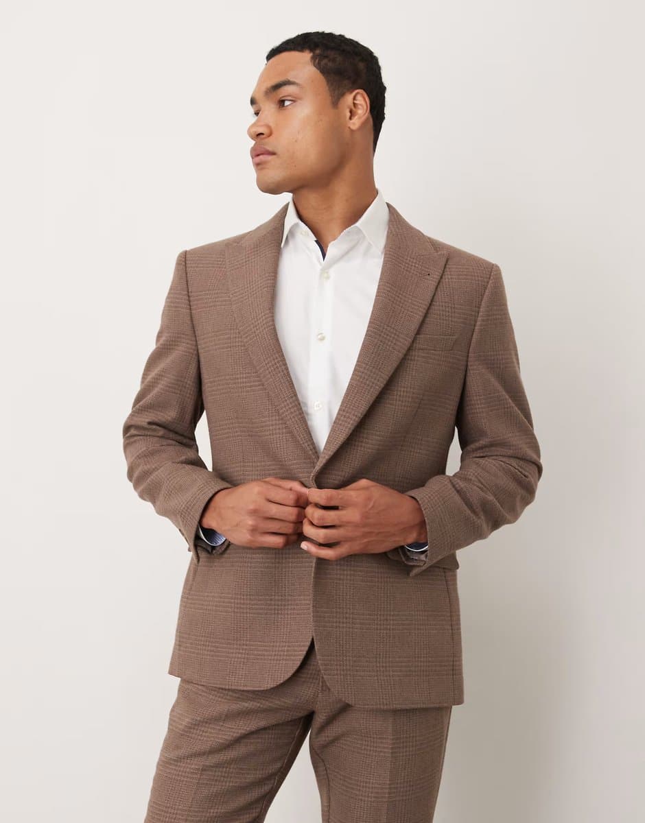 ASOS ASOS DESIGN slim wool mix suit jacket in brown glen check