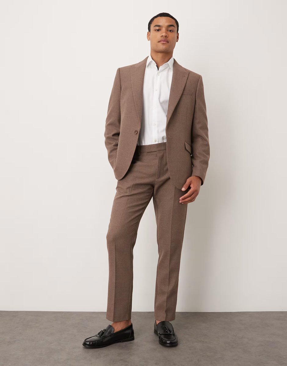 ASOS ASOS DESIGN slim wool mix suit jacket in brown glen check - 2