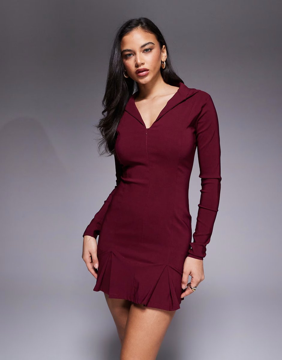 ASOS Fashionkilla exclusive bengaline tailored zip through pleat front mini dress in burgundy - 3