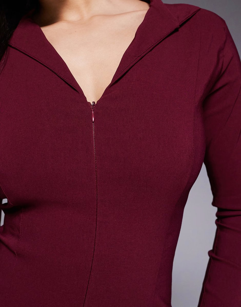 ASOS Fashionkilla exclusive bengaline tailored zip through pleat front mini dress in burgundy - 4