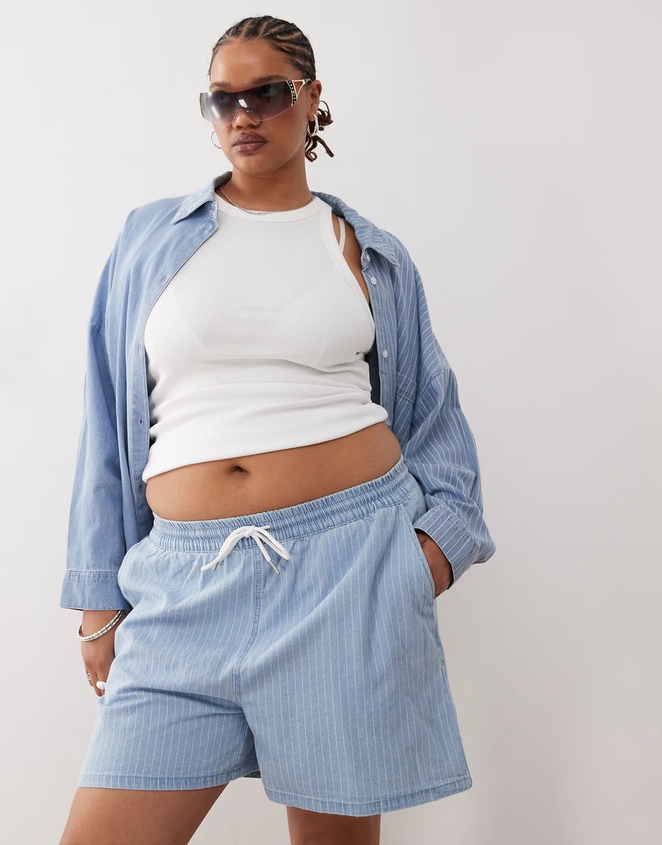 ASOS Noisy May Curve pull on denim short co-ord in light blue stripe - 3