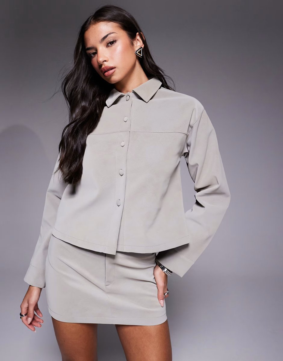 ASOS ASOS DESIGN co-ord textured leather look oversized shirt & mini skirt in stone - 2