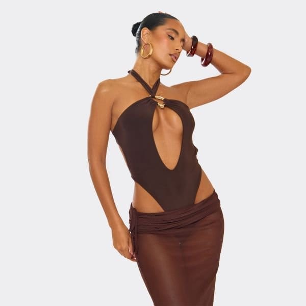 EGO Keyhole Cut Out Trim Detail High Leg Swimsuit In Brown, Women's Size UK 4 - 1