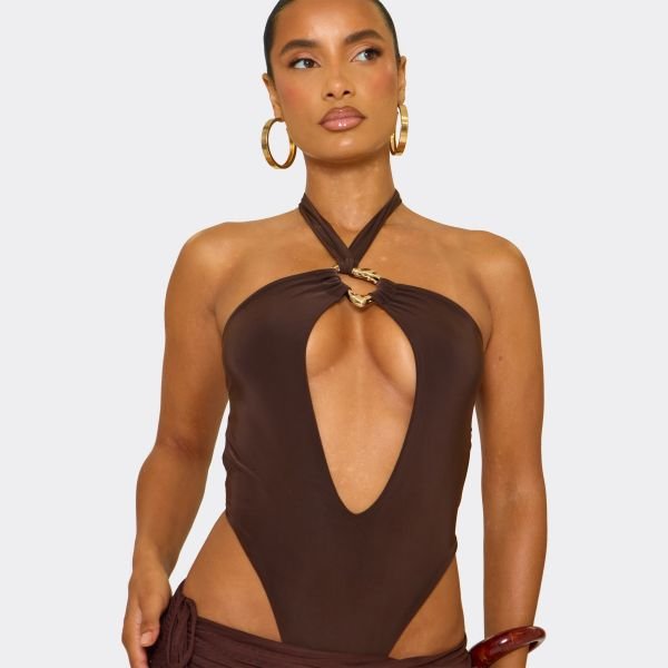 EGO Keyhole Cut Out Trim Detail High Leg Swimsuit In Brown, Women's Size UK 4 - 2