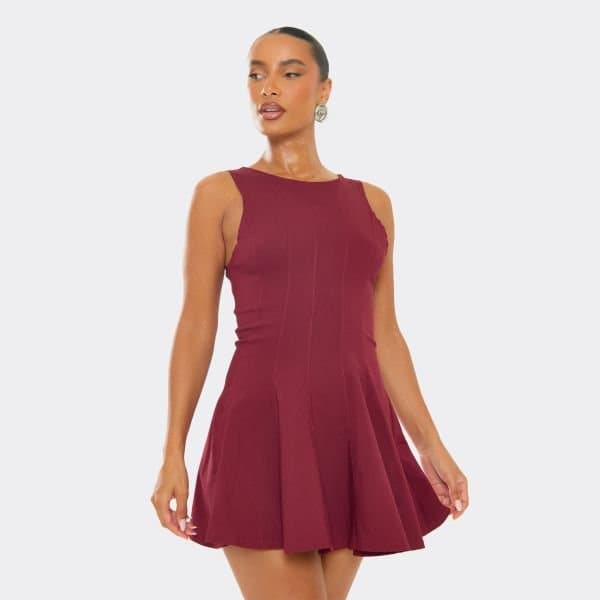 EGO Racer Skater Mini Dress In Burgundy Bengaline, Women's Size UK Small S