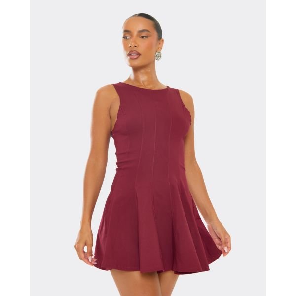 EGO Racer Skater Mini Dress In Burgundy Bengaline, Women's Size UK Small S - 2