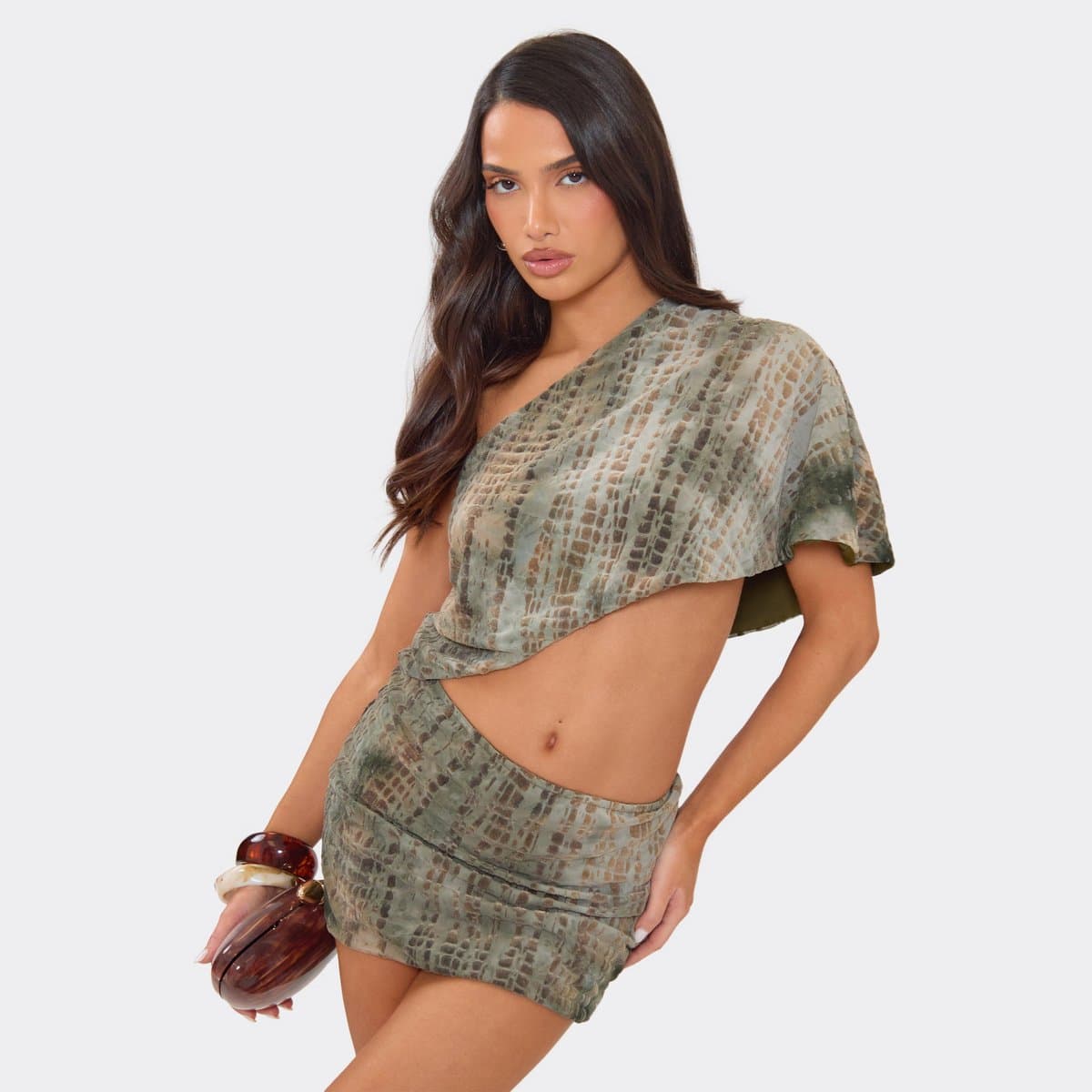 EGO One Shoulder Cape Detail Cut Out Mini Dress In Green Textured Devore, Women's Size UK 6